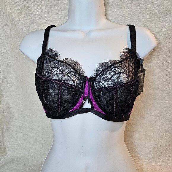 Ashley Graham Black & Purple Lace Bra - Size 38C - Picture 1 of 6
